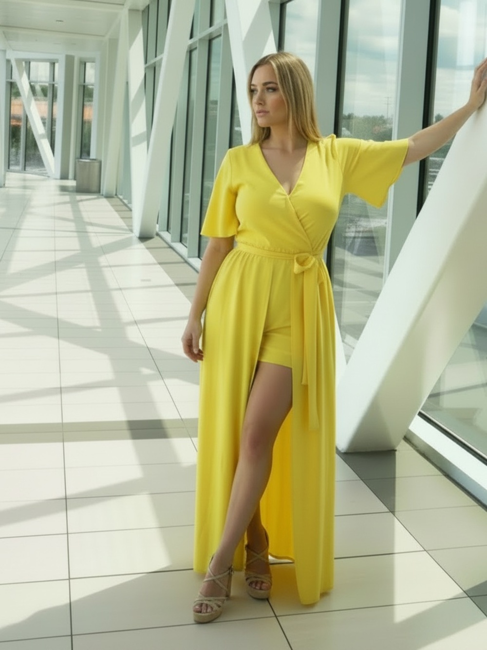 NEW UK2LA Romper Maxi Dress Shorts Stretchy Yellow M